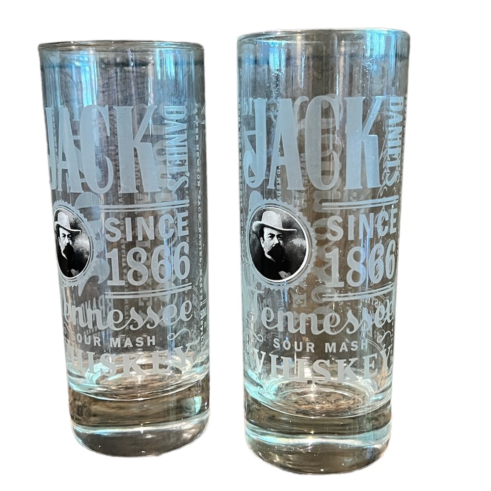 2 Jack Daniels Tennessee Whiskey Drinking Glass 6” Tall Portrait & Embossed